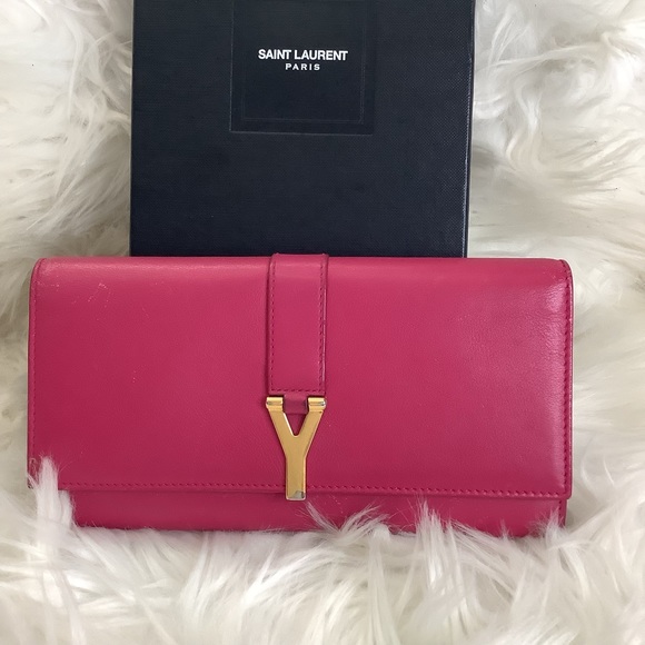 💖 Saint Laurent Pink Leather Y-Ligne Flap Continental Wallet🩷 - Picture 1 of 11